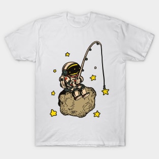 Astronaut on asteroid fishing in Space amoung the Stars T-Shirt